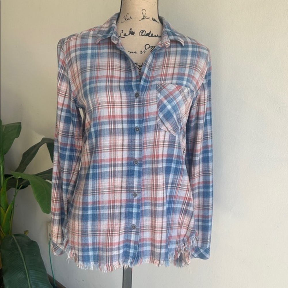 Anthropologie Cloth & Stone Aberdeen Plaid Fringe Hem Button Down Top Size XS